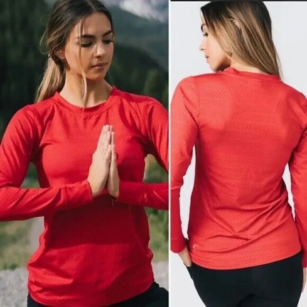 ZYIA Chill Top Red Perforated Mesh LaserCut Long Sleeve Active Top SMALL